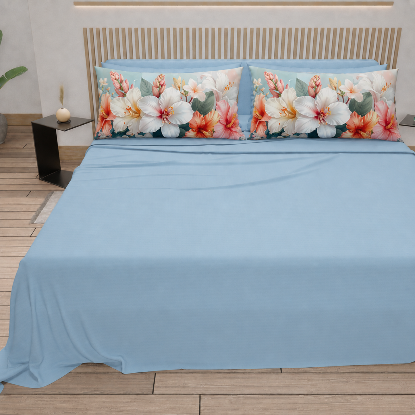 Lenzuola in Cotone, Completo Letto con Federe in Stampa Digitale Petalo 17 Celeste.