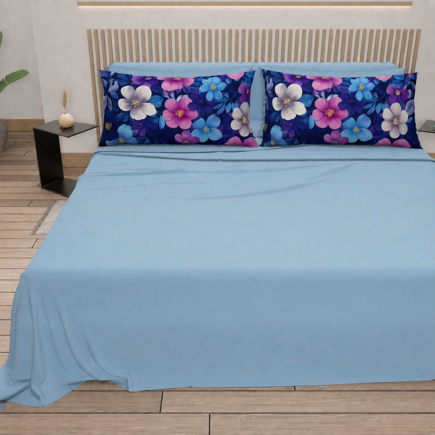 Lenzuola in Cotone, Completo Letto con Federe in Stampa Digitale Petalo 05 Cleleste.