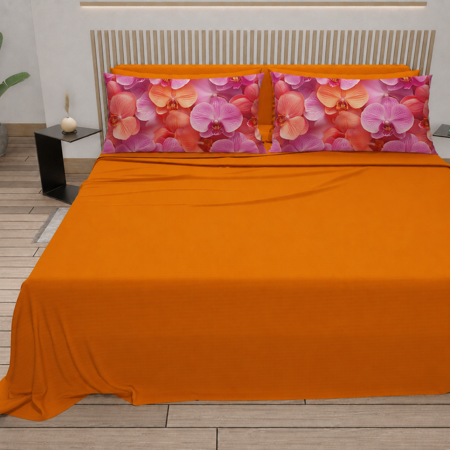 Lenzuola in Cotone, Completo Letto con Federe in Stampa Digitale Petalo 08 Arancione