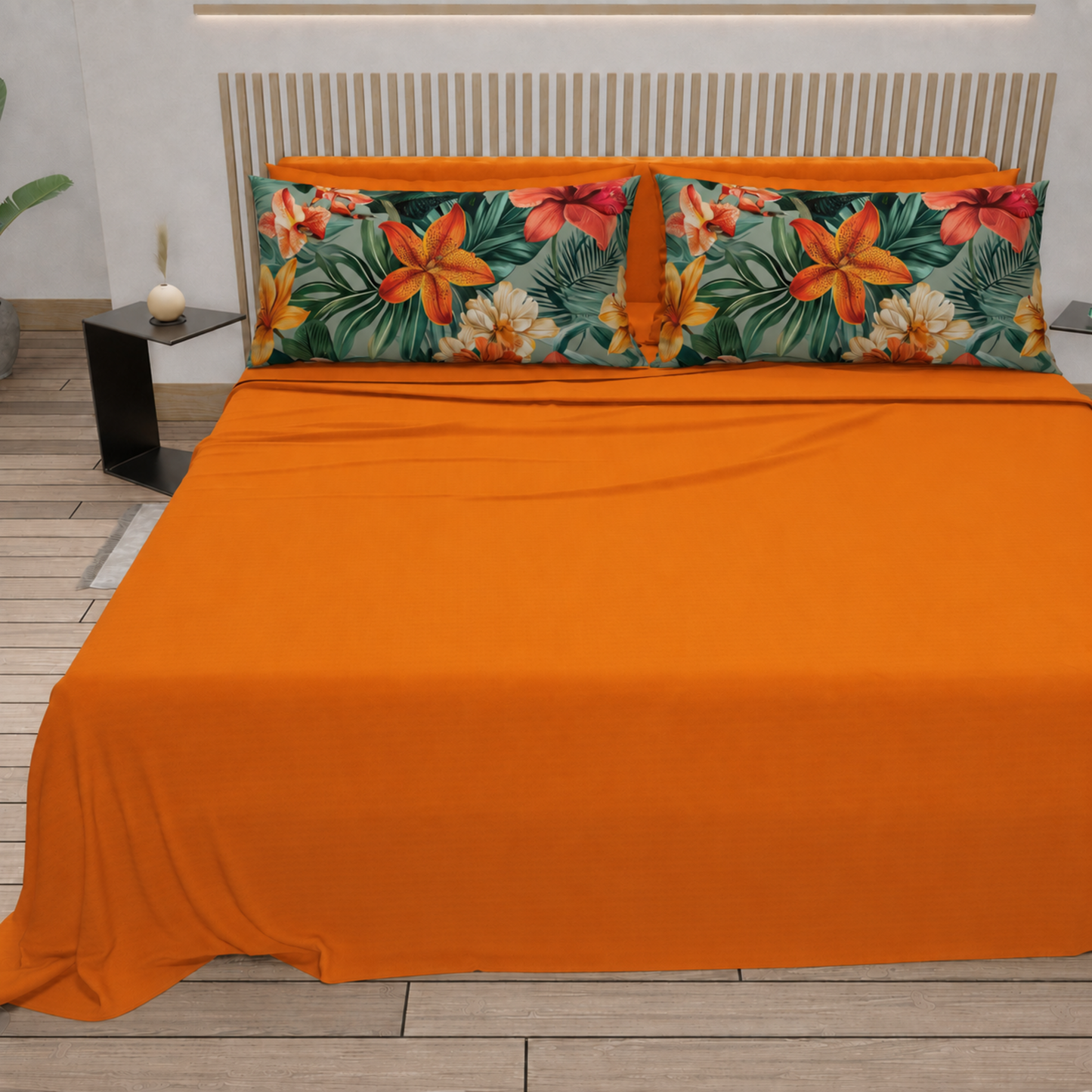 Lenzuola in Cotone, Completo Letto con Federe in Stampa Digitale Petalo 04 Arancione