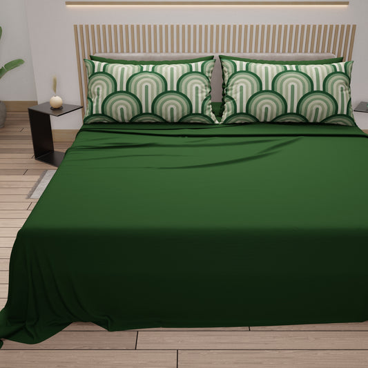 Lenzuola in Cotone, Completo Letto con Federe in Stampa Digitale Delta Salvia Verde Scuro.
