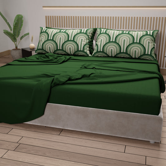 Lenzuola in Cotone, Completo Letto con Federe in Stampa Digitale Delta Salvia Verde Scuro.