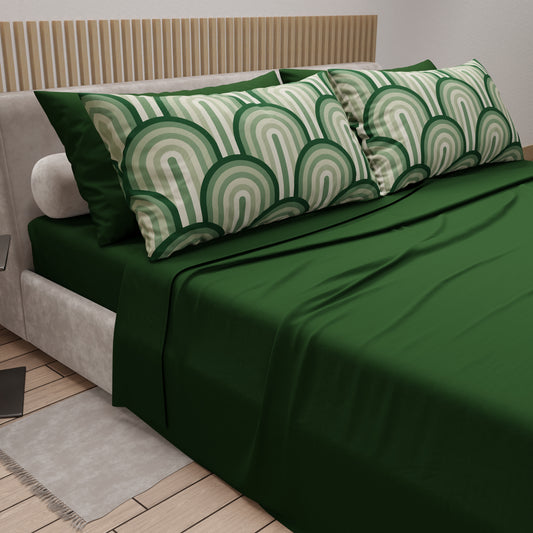 Lenzuola in Cotone, Completo Letto con Federe in Stampa Digitale Delta Salvia Verde Scuro.