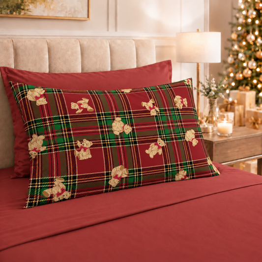 Lenzuola Natalizie in Cotone, Completo Letto con Federe in Stampa Digitale Orsetto Tartan