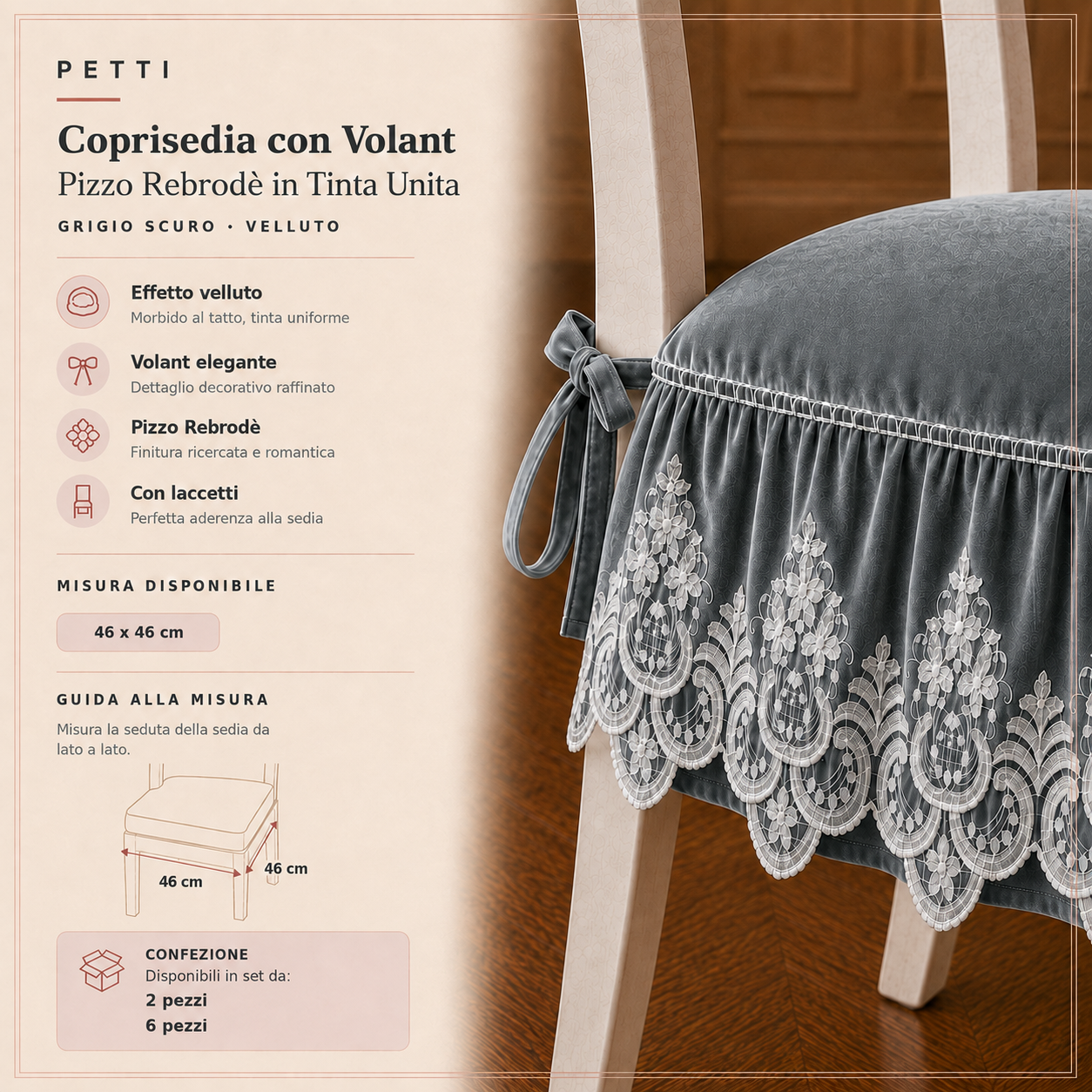 Cuscini per Sedie da Cucina in Effetto Velluto Tinta Unita con Volant e Pizzo Rebrodé Grigio Scuro