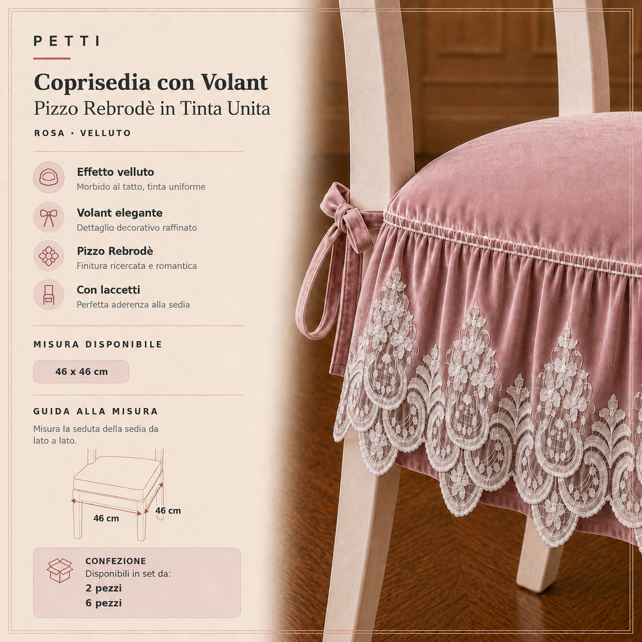 Cuscini per Sedie da Cucina in Effetto Velluto Tinta Unita con Volant e Pizzo Rebrodé Rosa