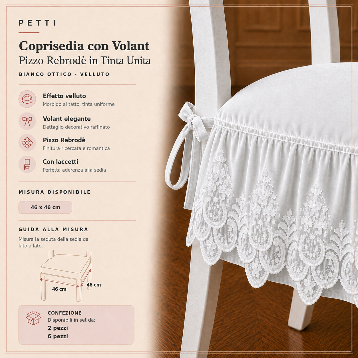 Cuscini per Sedie da Cucina in Effetto Velluto Tinta Unita con Volant e Pizzo Rebrodé Bianco Ottico