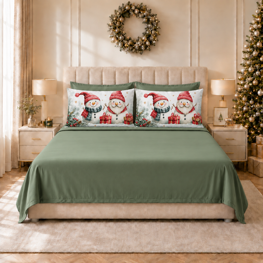 Lenzuola Natalizie in Cotone, Completo Letto con Federe in Stampa Digitale Pupazzo 02