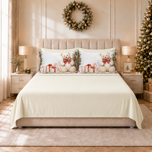 Lenzuola Natalizie in Cotone, Completo Letto con Federe in Stampa Digitale Orsetto 01