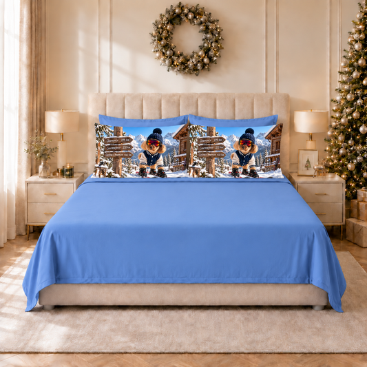Lenzuola Natalizie in Cotone, Completo Letto con Federe in Stampa Digitale SkyDog Celeste