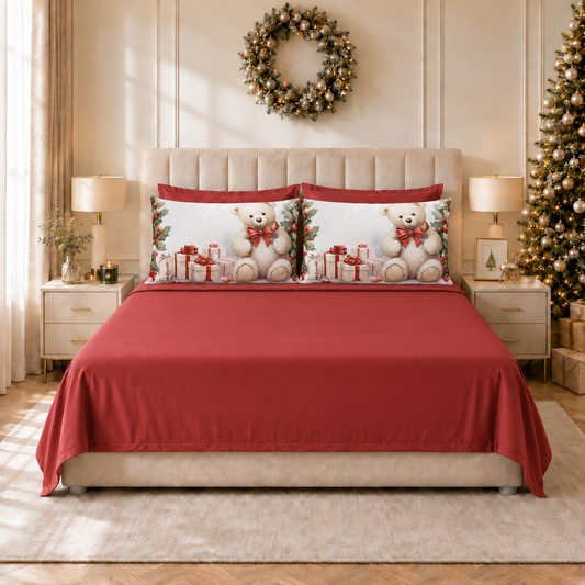 Lenzuola Natalizie in Cotone, Completo Letto con Federe in Stampa Digitale Orsetto 01