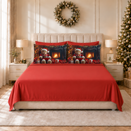 Lenzuola Natalizie in Cotone, Completo Letto con Federe in Stampa Digitale Orsetto 12 Rosso