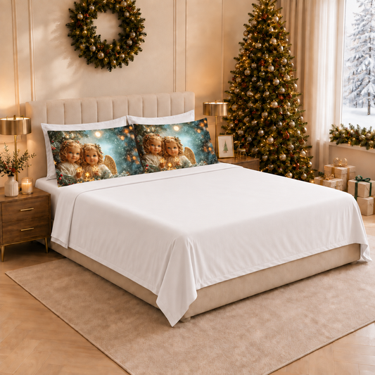 Lenzuola Natalizie in Cotone, Completo Letto con Federe in Stampa Digitale Angel 02 Bianco