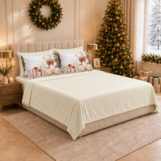 Lenzuola Natalizie in Cotone, Completo Letto con Federe in Stampa Digitale Orsetto 01
