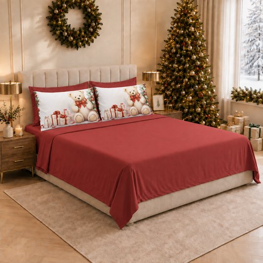 Lenzuola Natalizie in Cotone, Completo Letto con Federe in Stampa Digitale Orsetto 01