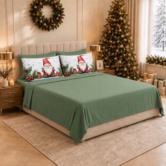 Lenzuola Natalizie in Cotone, Completo Letto con Federe in Stampa Digitale Gnomo 01