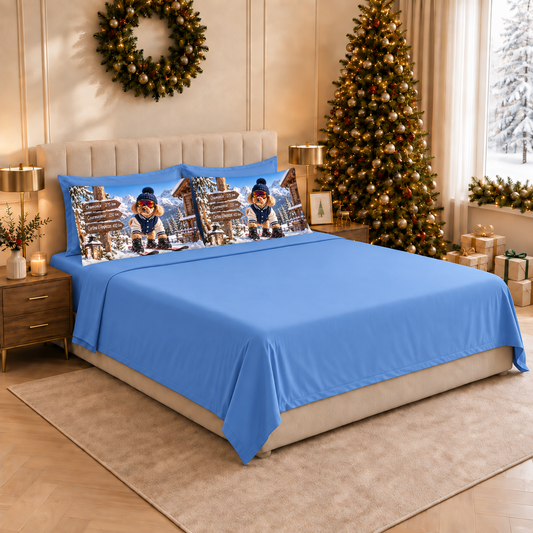 Lenzuola Natalizie in Cotone, Completo Letto con Federe in Stampa Digitale SkyDog Celeste