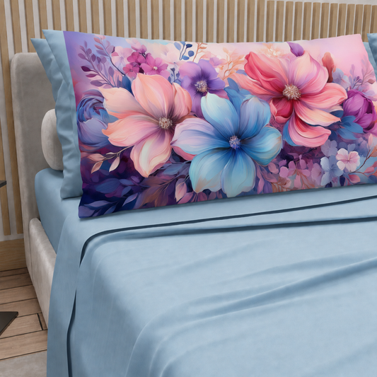 Lenzuola in Cotone, Completo Letto con Federe in Stampa Digitale Petalo 11 Celeste.