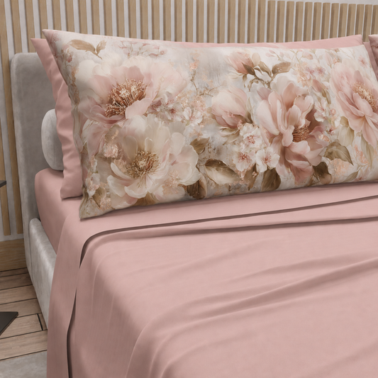 Lenzuola in Cotone, Completo Letto con Federe in Stampa Digitale Petalo 14 Cipria Chiaro.