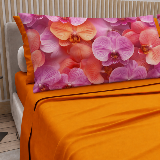 Lenzuola in Cotone, Completo Letto con Federe in Stampa Digitale Petalo 08 Arancione
