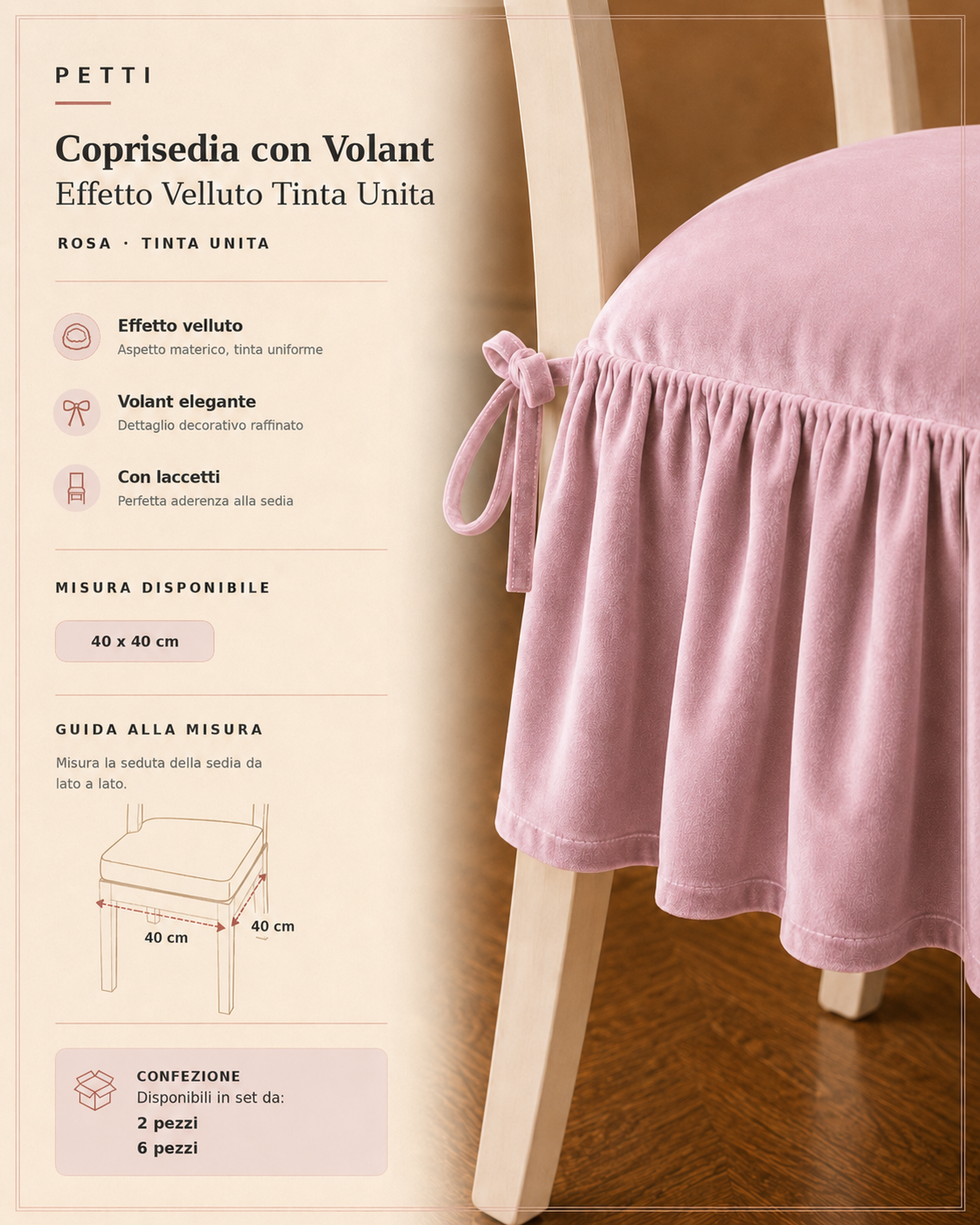 Cuscini per Sedie da Cucina in Effetto Velluto Tinta Unita con Volant Rosa