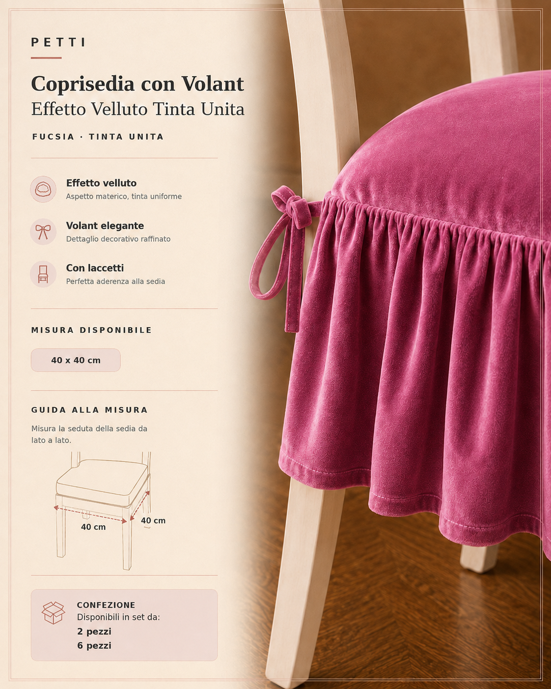 Cuscini per Sedie da Cucina in Effetto Velluto Tinta Unita con Volant Fucsia