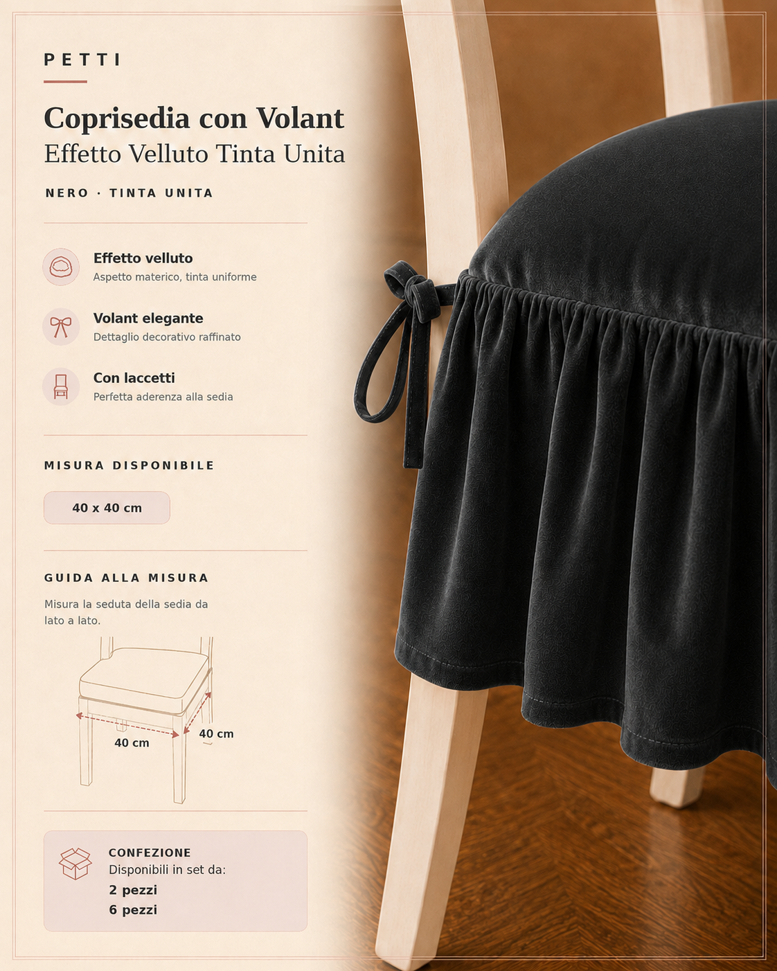 Cuscini per Sedie da Cucina in Effetto Velluto Tinta Unita con Volant Nero