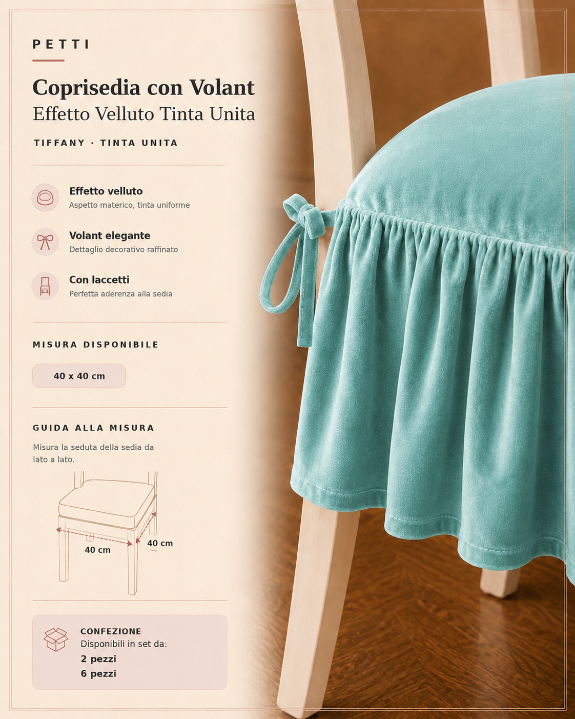 Cuscini per Sedie da Cucina in Effetto Velluto Tinta Unita con Volant Tiffany