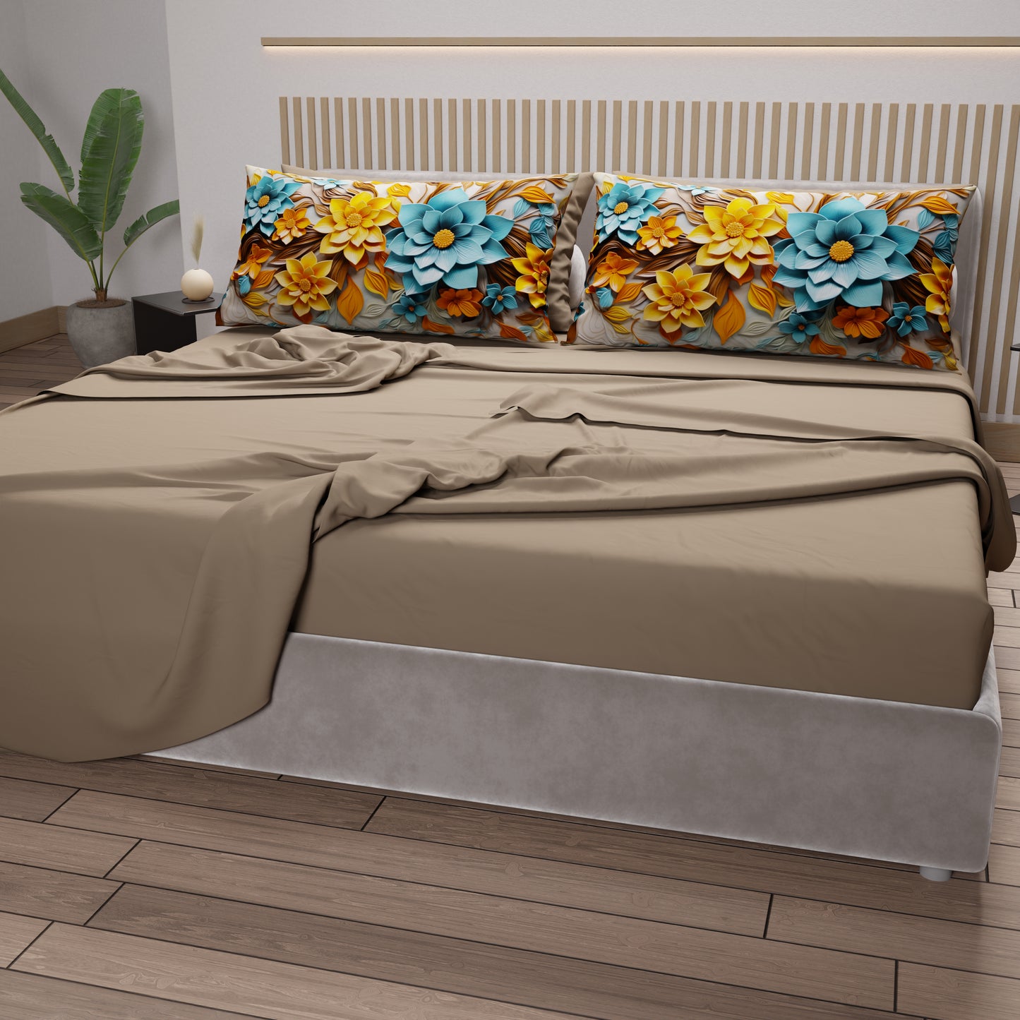 Draps en Coton, Parure de Lit avec Taies d'Oreiller à Imprimé Floral Numérique 05-16