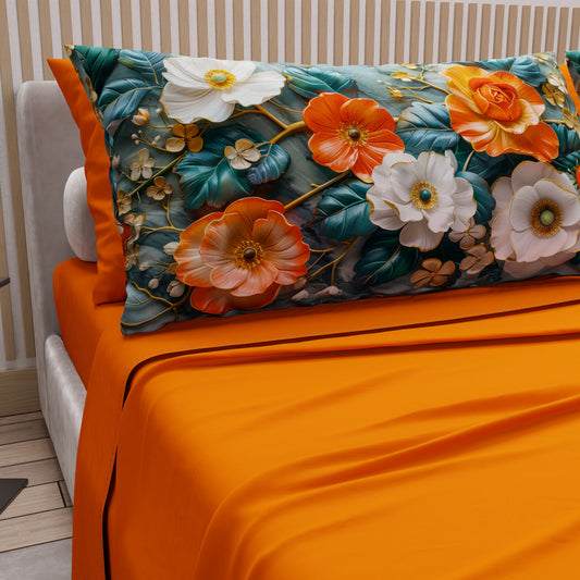 Draps en Coton, Parure de Lit avec Taies d'Oreiller à Imprimé Floral Numérique 05-18