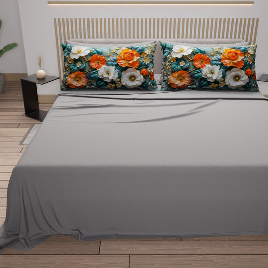 Draps en Coton, Parure de Lit avec Taies d'Oreiller à Imprimé Floral Numérique 05-18