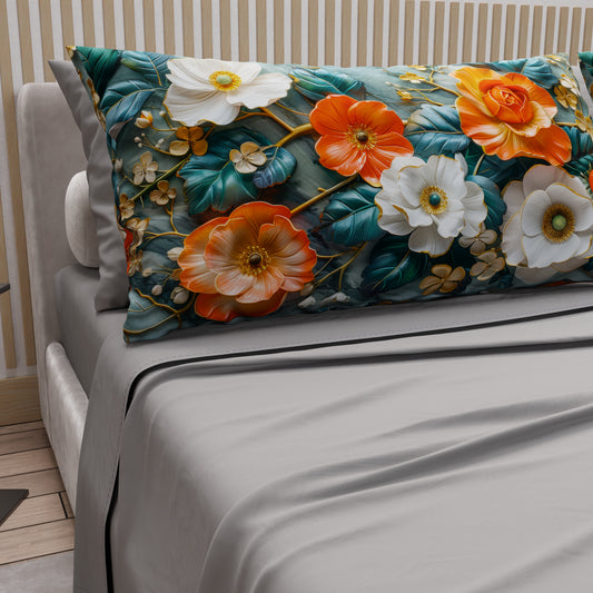 Draps en Coton, Parure de Lit avec Taies d'Oreiller à Imprimé Floral Numérique 05-18