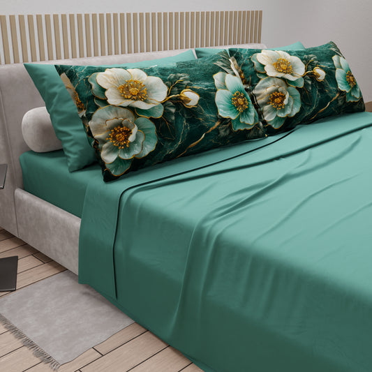 Draps en Coton, Parure de Lit avec Taies d'Oreiller en Impression Digitale Florale 06-19