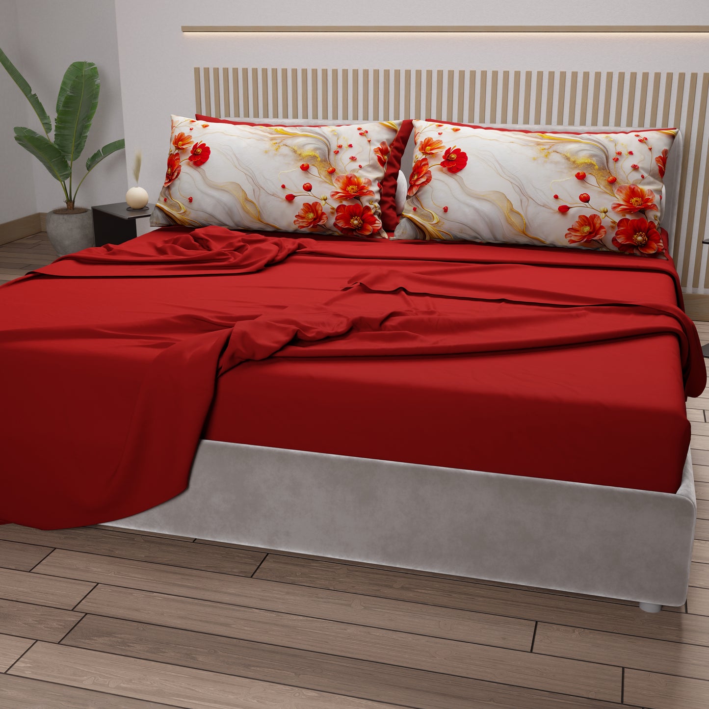 Draps en Coton, Parure de Lit avec Taies d'Oreiller en Impression Numérique Florale 06-2