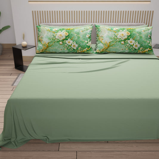 Draps en Coton, Parure de Lit avec Taies d'Oreiller en Impression Numérique Florale 06-3