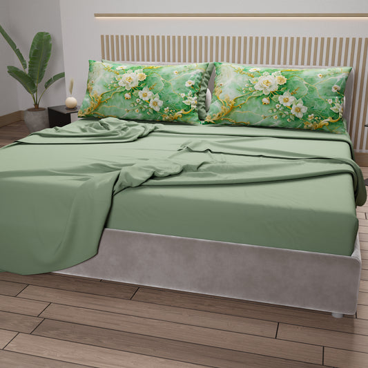 Draps en Coton, Parure de Lit avec Taies d'Oreiller en Impression Numérique Florale 06-3