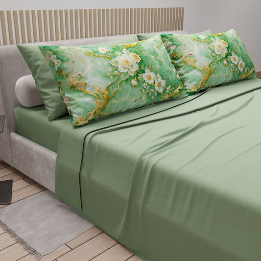 Draps en Coton, Parure de Lit avec Taies d'Oreiller en Impression Numérique Florale 06-3