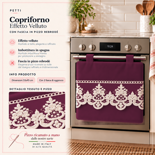 Copriforno Tinta Unita in Velluto con Pizzo Rebrode Prugna