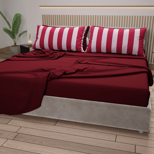 Lenzuola in Cotone, Completo Letto con Federe in Stampa Digitale Righe Rosa/Bordeaux