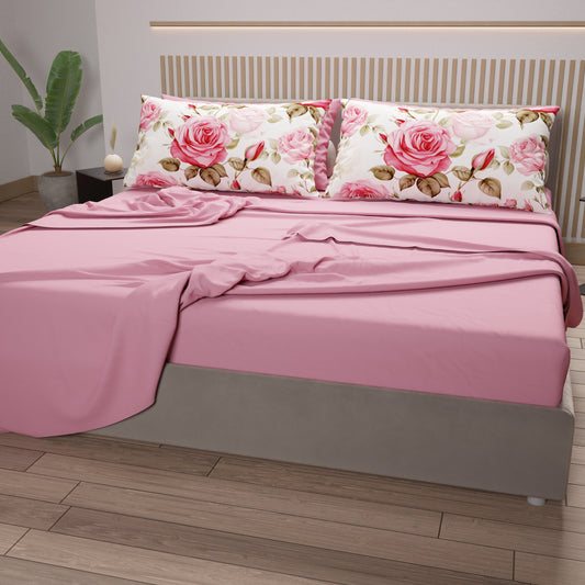 Draps en Coton, Parure de Lit avec Taies d'Oreiller en Impression Numérique Bouquet