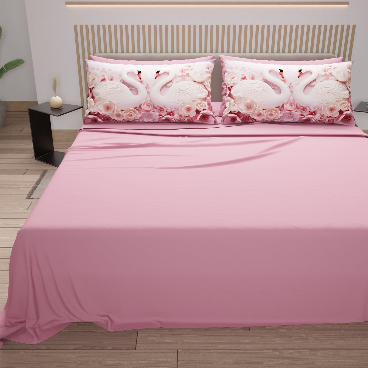 Lenzuola in Cotone, Completo Letto con Federe in Stampa Digitale Cigni Rosa