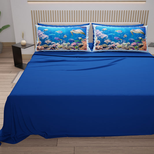 Draps en Coton, Parure de Lit avec Taies d'Oreiller en Impression Digitale Aquarium