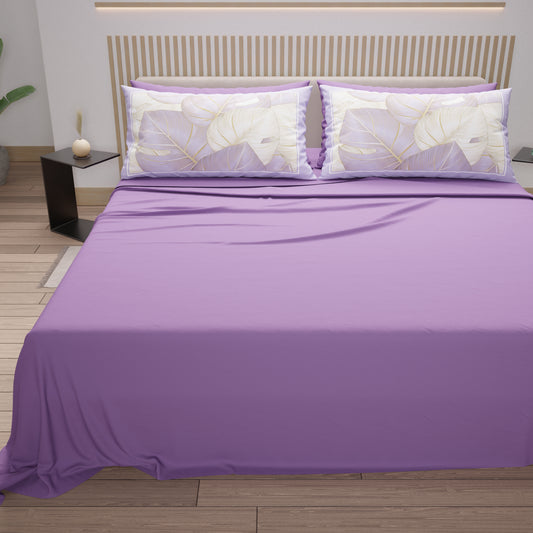 Draps en Coton, Parure de Lit avec Taies d'Oreiller en Impression Numérique Tropical Lila-Or