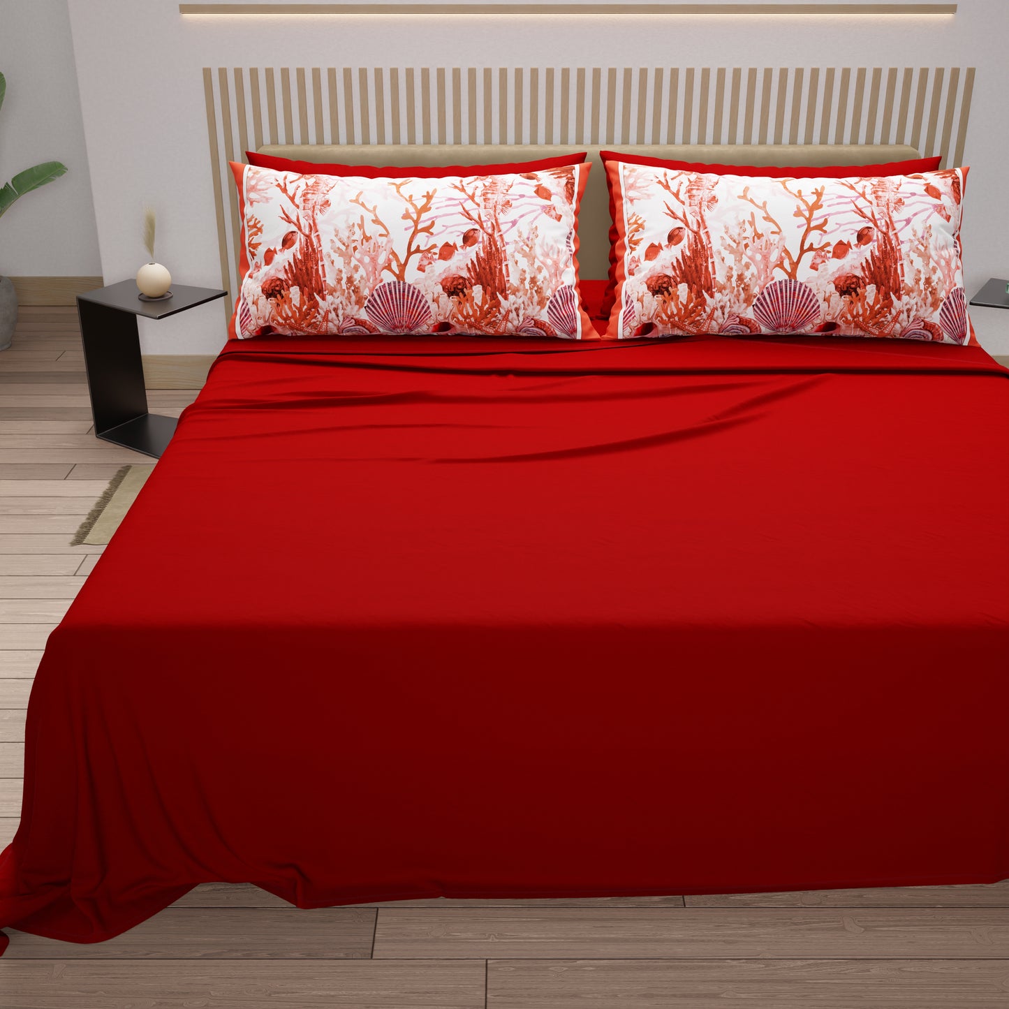 Lenzuola in Cotone, Completo Letto con Federe in Stampa Digitale Corallo Rosso
