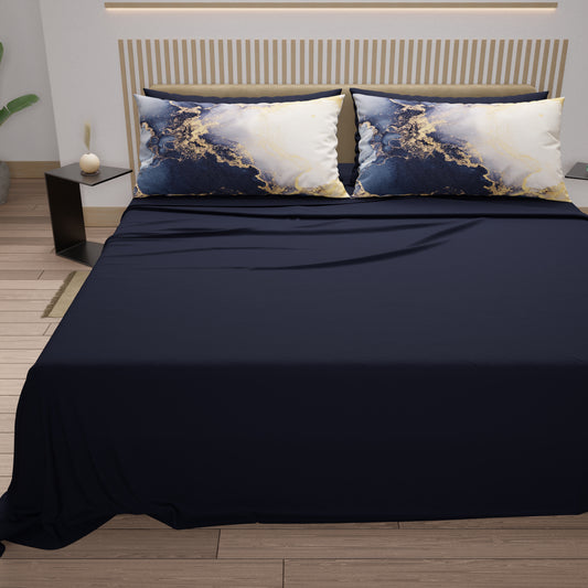 Lenzuola in Cotone, Completo Letto con Federe in Stampa Digitale Marble 08 Blu