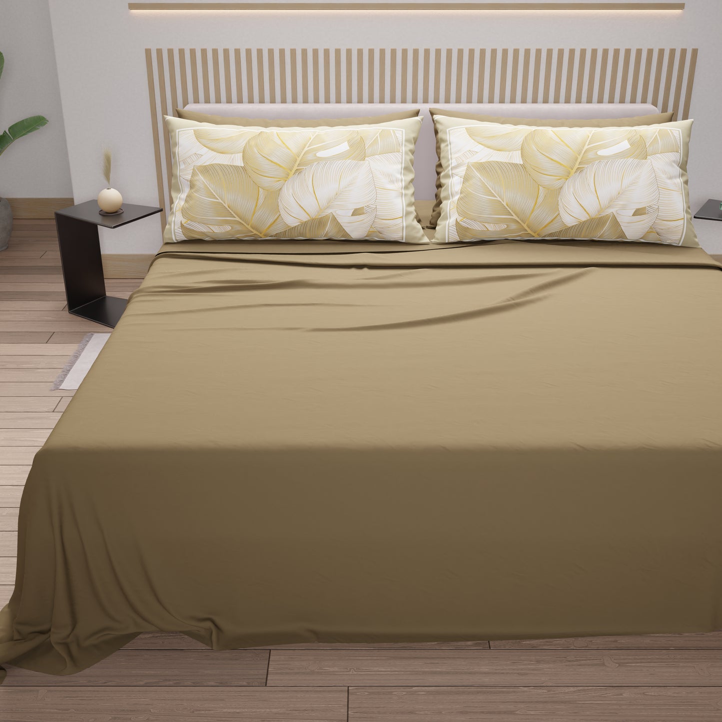Lenzuola in Cotone, Completo Letto con Federe in Stampa Digitale Tropical Tortora-Oro