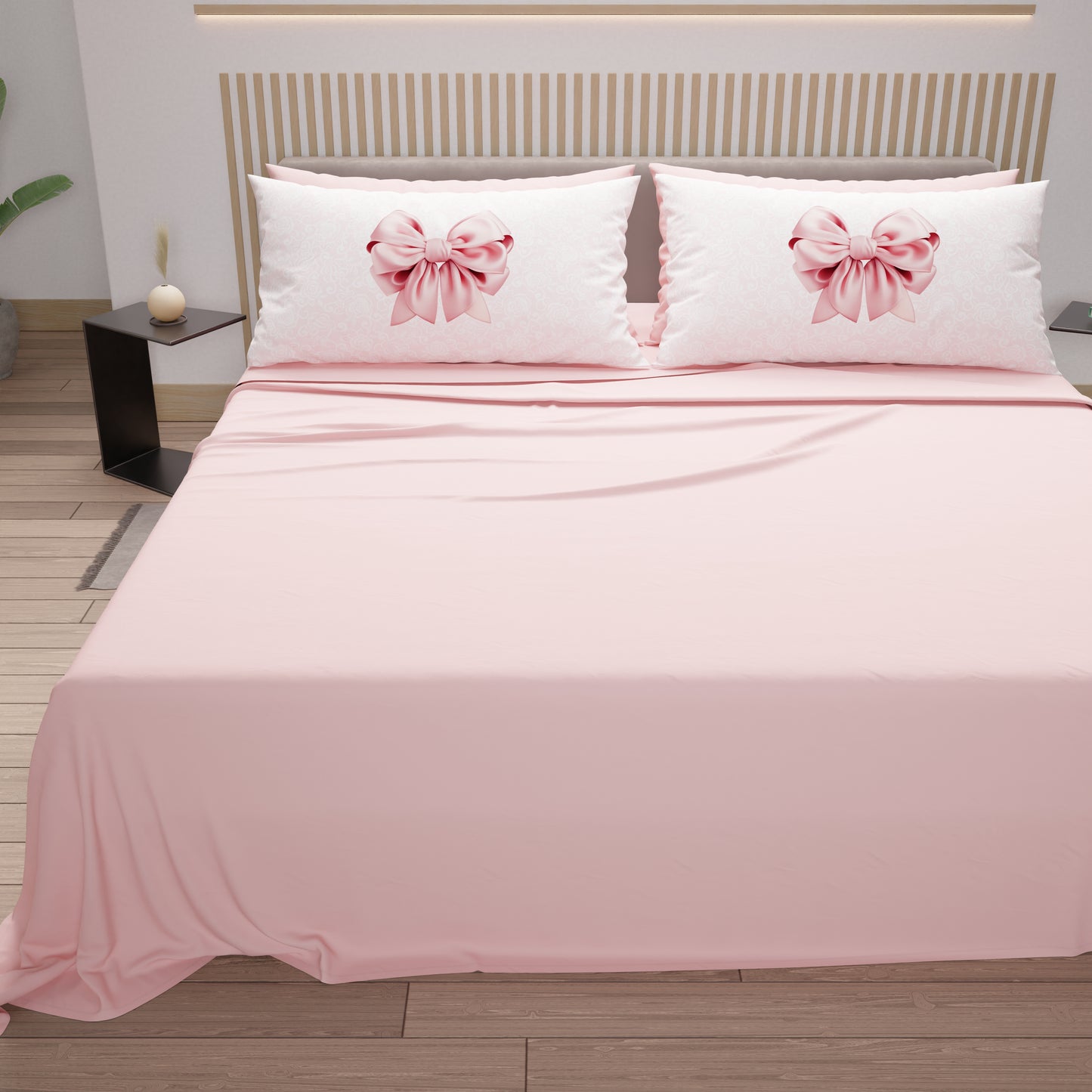 Lenzuola in Cotone, Completo Letto con Federe in Stampa Digitale Fiocco Rosa