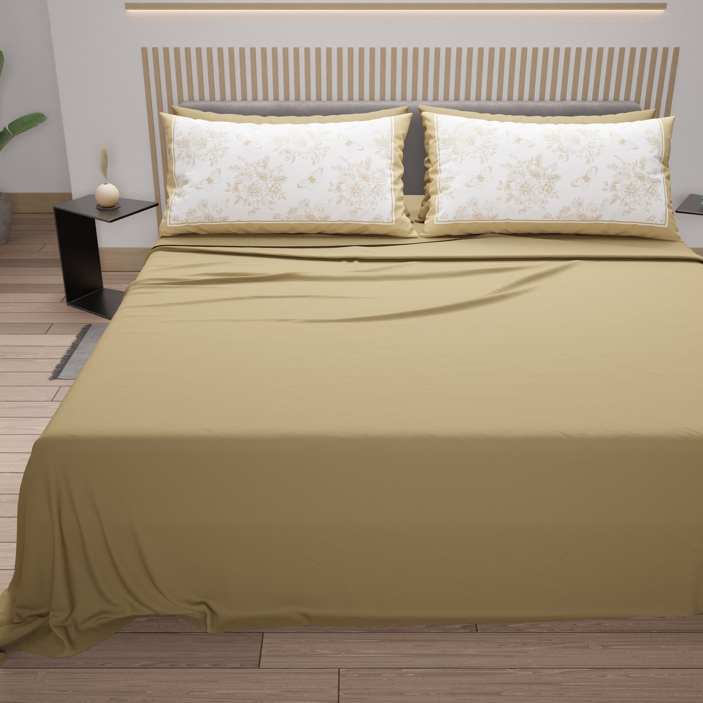 Draps en Coton, Parure de Lit avec Taies d'Oreiller en Impression Numérique Botanique Taupe