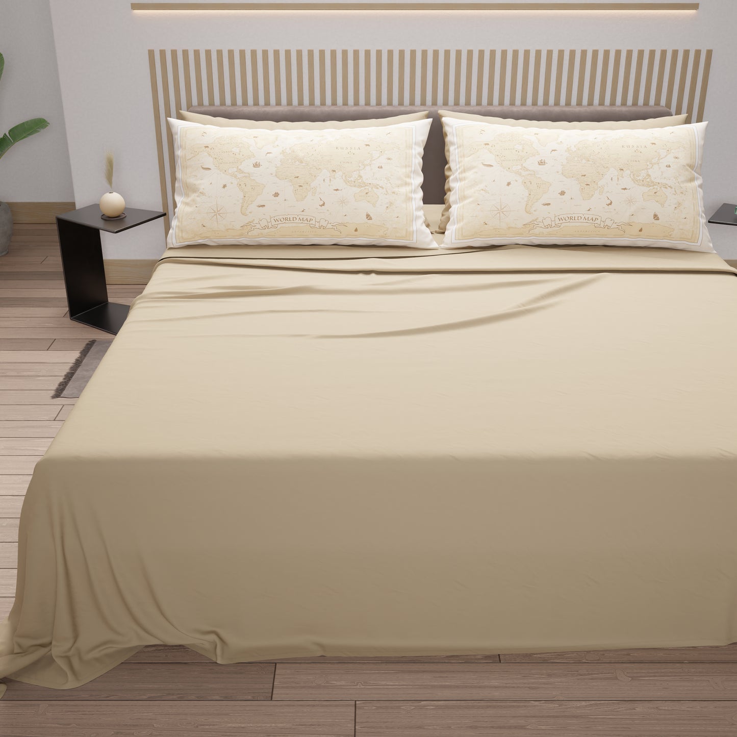 Draps en Coton, Parure de Lit avec Taies d'Oreiller en Impression Numérique World Beige