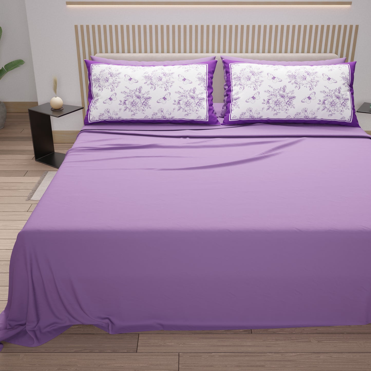 Draps en Coton, Parure de Lit avec Taies d'Oreiller en Impression Digitale Botanique Violette